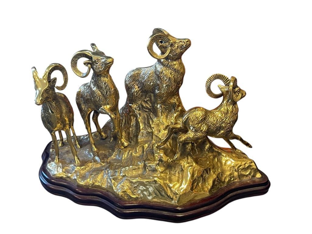 BRASS HOLLOW SCULPTURE OF A HERD OF BIGHORN SHEEP ON A ROCKY CLIFF (1 of 8)