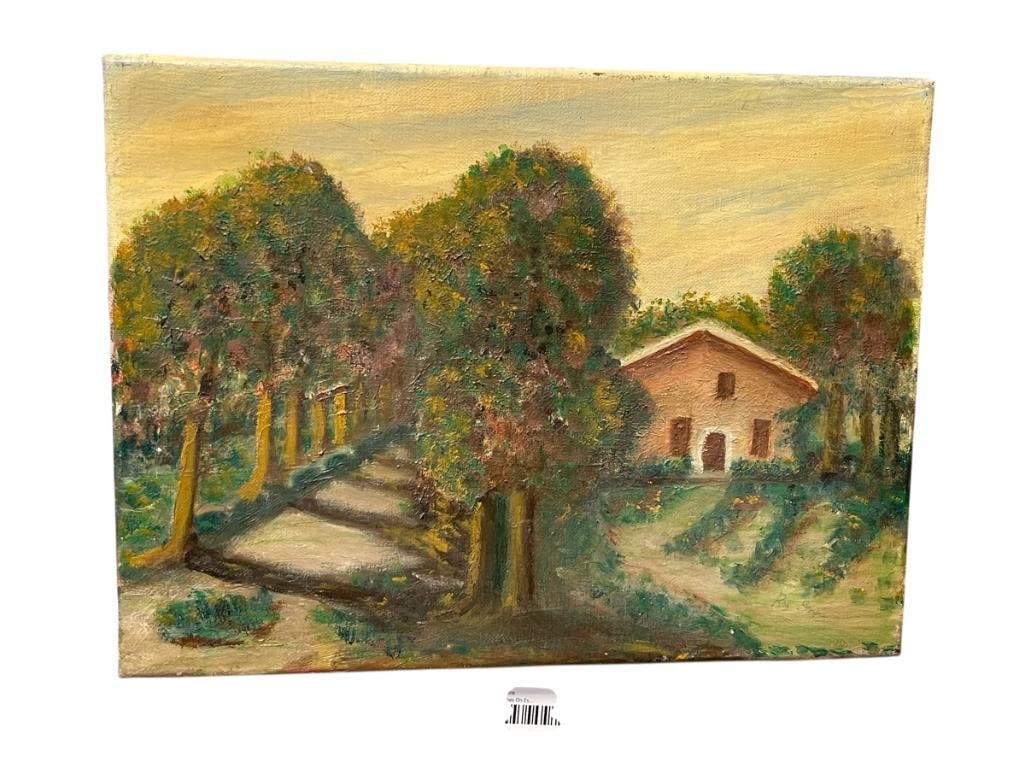 ROY STROPES LOCAL RENO, NV ARTIST ORIGINAL OIL ON CANVAS PAINTING: ART DEPICTS DIRT ROAD COVERED BY MATURE TREES NEXT TO SMALL HOME, SIGNED LOWER RIGHT, ALSO SIGNED ON THE BACK WITH ARTIST BUSINESS CARD, CANVAS SHOWS AGE AND "TINY" PAINT CHIPS, NO MAJOR DAMAGE,