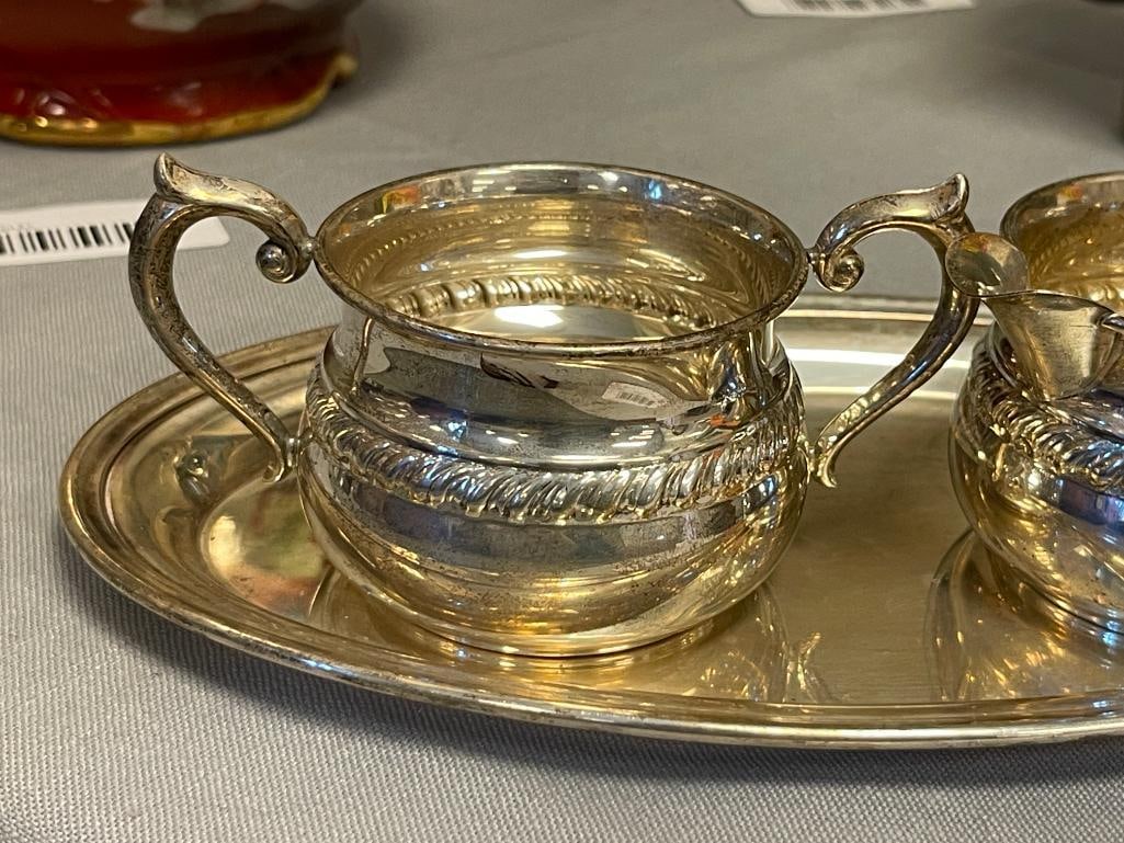 GORHAM STERLING SILVER HOLLOWARE ROPE EDGE CREAMER, OPEN SUGAR BOWL, AND TRAY DESIGN 1204 - 2