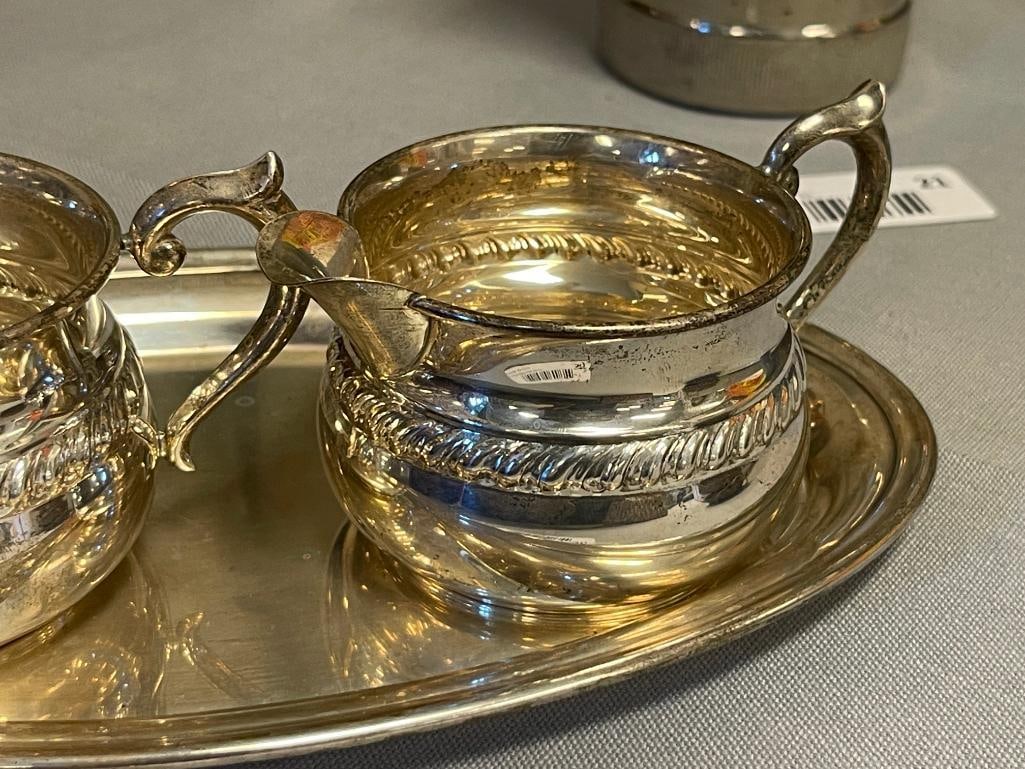GORHAM STERLING SILVER HOLLOWARE ROPE EDGE CREAMER, OPEN SUGAR BOWL, AND TRAY DESIGN 1204 - 3