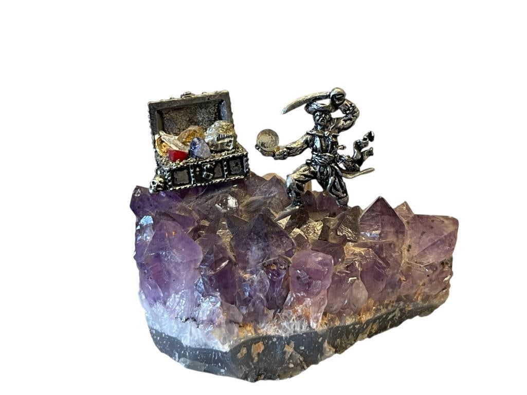 PURPLE AMETHYST CRYSTAL CLUSTER WITH PEWTER PIRATE AND TREASURE BOX FIGURE: SMALL CLUSTER WITH PIRATE AND CHEST IN PEWTER 4 3/4" L 