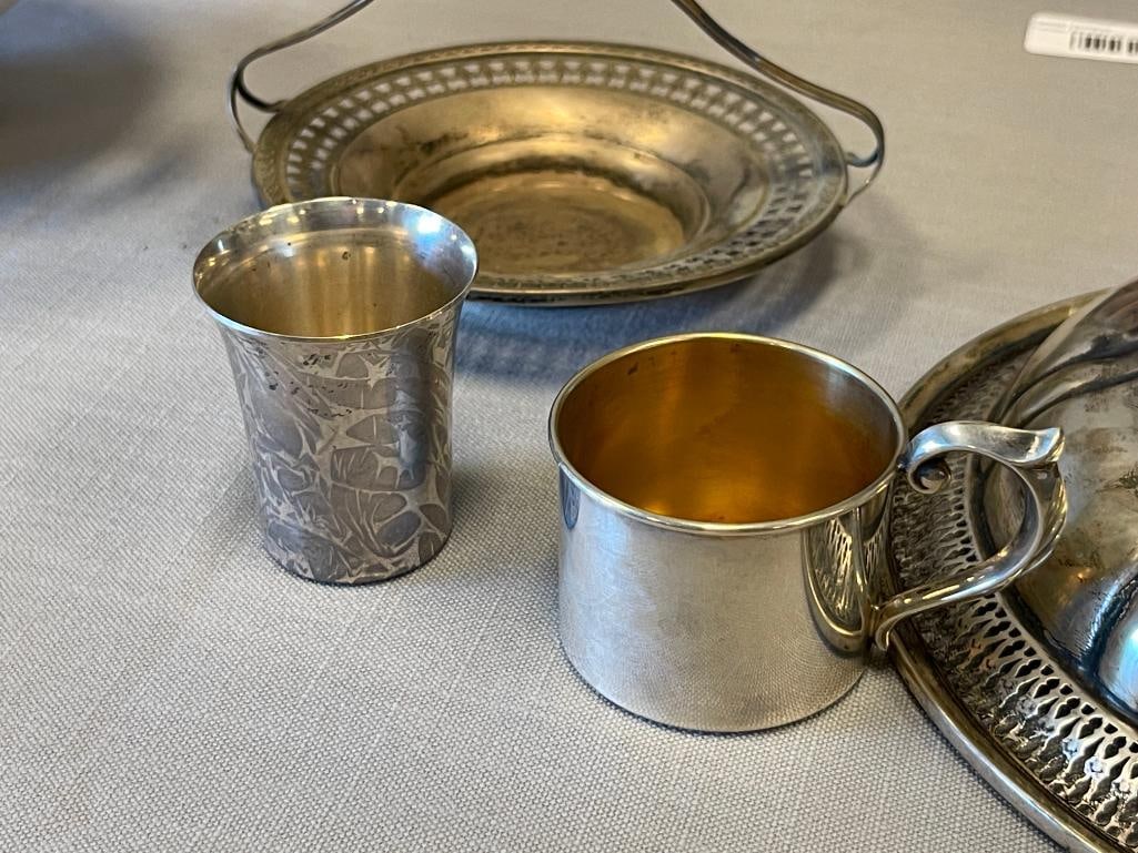 EARLY 20TH CENTURY STERLING SILVER HOLLOWARE BOWL, BASKET, SHOT GLASS, BABY CUP 268 GRAMS - 7