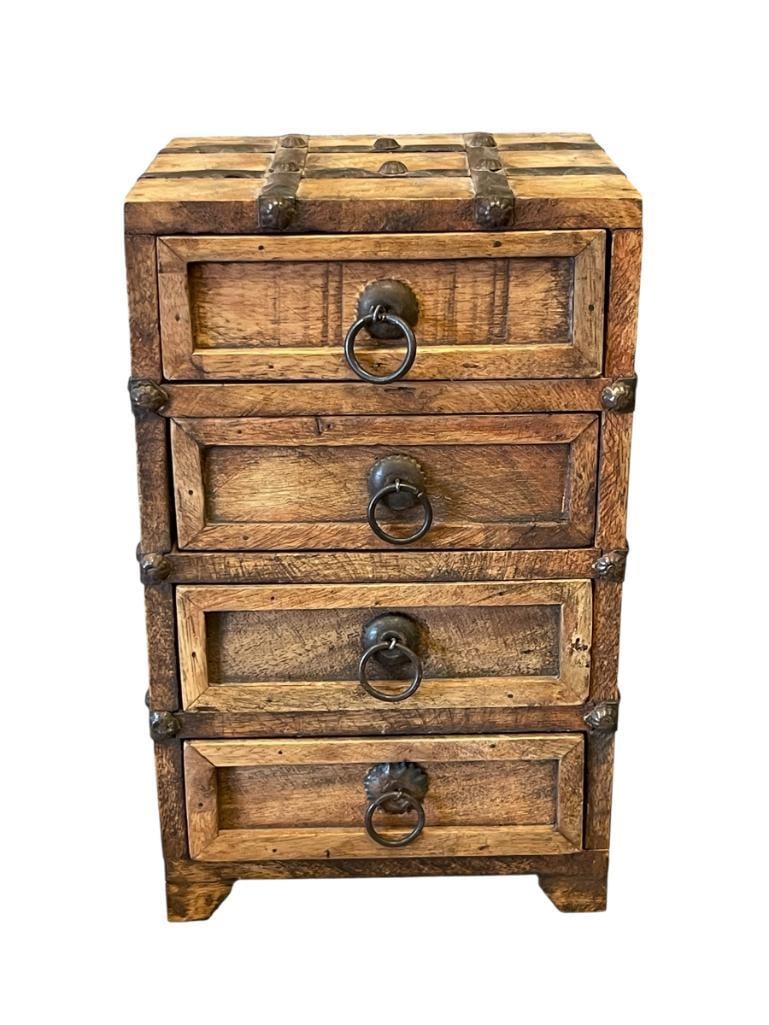 SPANISH STYLED HARDWOOD FOUR-DRAWER JEWELRY CHEST / CABINET WITH DECORATIVE METAL OVERLAY (1 of 7)