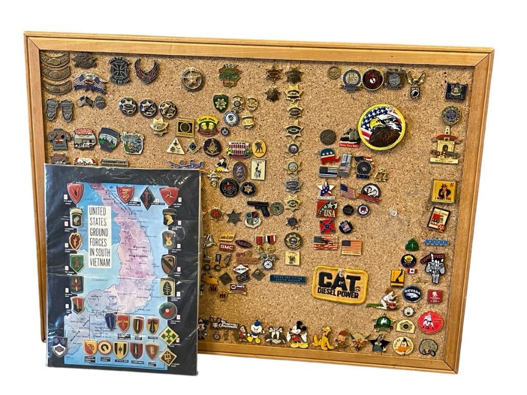 COLLECTION OF OVER 140 PLUS ASSORTED PINS, LAW ENFORCEMENT, DISNEY, MANUFACTURE, POLITICAL, MILIT...: MANUFACTURE PINS SUCH AS CAT, PETERBILT, GMC, LAW ENFORCEMENT FOLSOM POLICE, DEPUTY SHERIFF, EL DORADO COUNTY SHERIFF, MASONS PINS, HARLEY DAVIDSON, DISNEY PINS, MICKEY, PLUTO, RENO RODEO, AND MANY OT