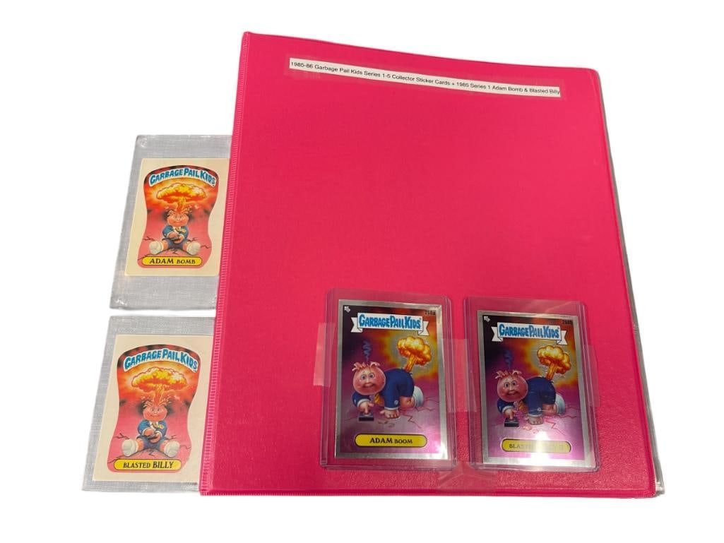 1985-1986 GARBAGE PAIL KIDS SERIES 1-5 COLLECTOR STICKER CARDS PLUS ADAM BOMB AND BLASTED BILLY: 85 CARDS TOTAL, BINDER INCLUDED 