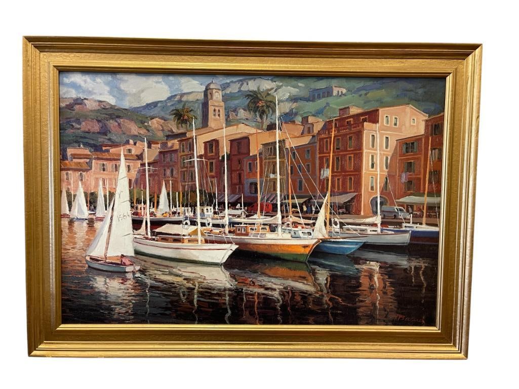 PASCUAL BUENO TEXTURED PRINTON BOARD TITLED PORTO FINO: PASCUAL BUENO (B. 1930) BARCELONA ARTIST, WON HIS FIRST AWARD IN 1956, ART DEPICTS VIBRANT ART OF DOCKED BOATS IN A HARBOR WITH BUILDINGS IN THE BACKGROUND REFLECTING OFF THE WATER, PLATE SIGNED