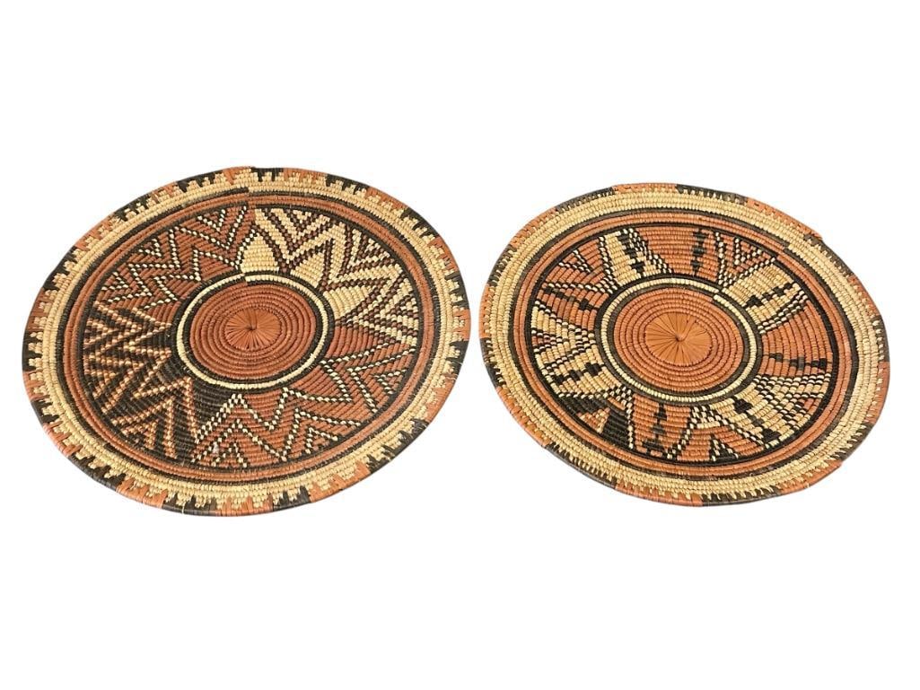VINTAGE HAND WOVEN AFRICAN RWANDAN BASKETS: USED FOR DECORATION OR FOR CARRYING FOOD, WEDDING GIFTS 13 1/2" AND 14 1/2" ROUND 