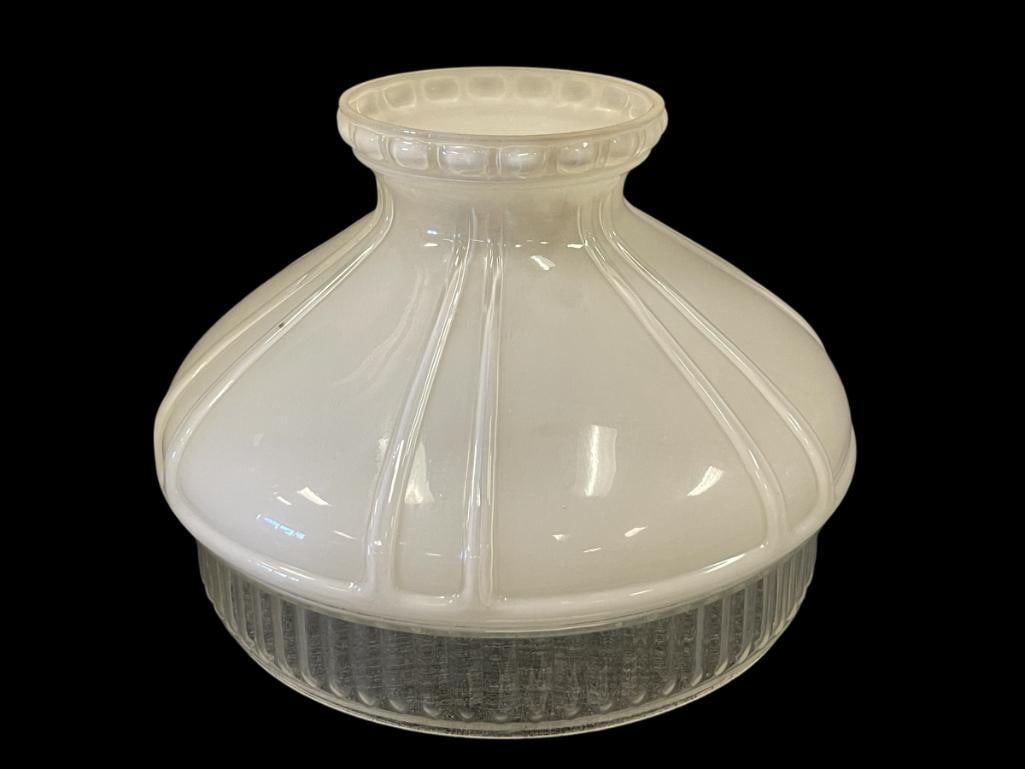 VINTAGE ALADDIN OPALWHITE AND CLEAR MOLDED GLASS OIL LAMP SHADE: SMALL CHIP ON THE BOTTOM EDGE 11" ROUND
