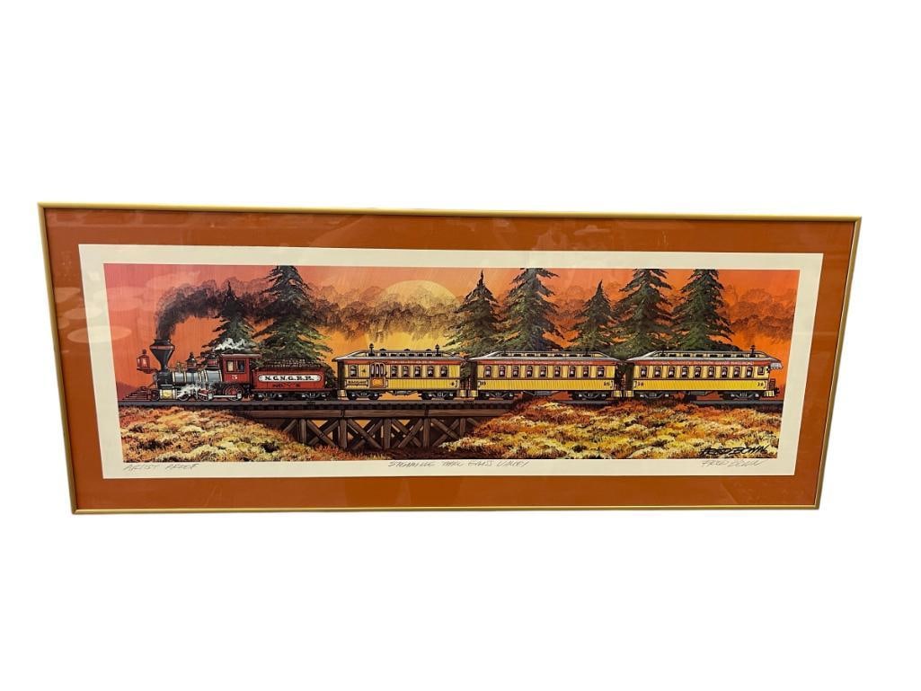 FRED BONN AMERICAN ARTIST ARTIST PROOF PRINT NEVADA COUNTY NARROW GAUGE RAILROAD PRINT: FRED BONN COMMERCIAL ARTIST ARTIST PROOF PRINT TITLED STEAMING THRU GRASS VALLEY, VIBRANT ILLUSTRATED ART OF STEAM LOCOMOTIVE TRAVELING THRU A VALLEY ON A BRIDGE, SIGNED LOWER RIGHT, PLATE SIGNED,