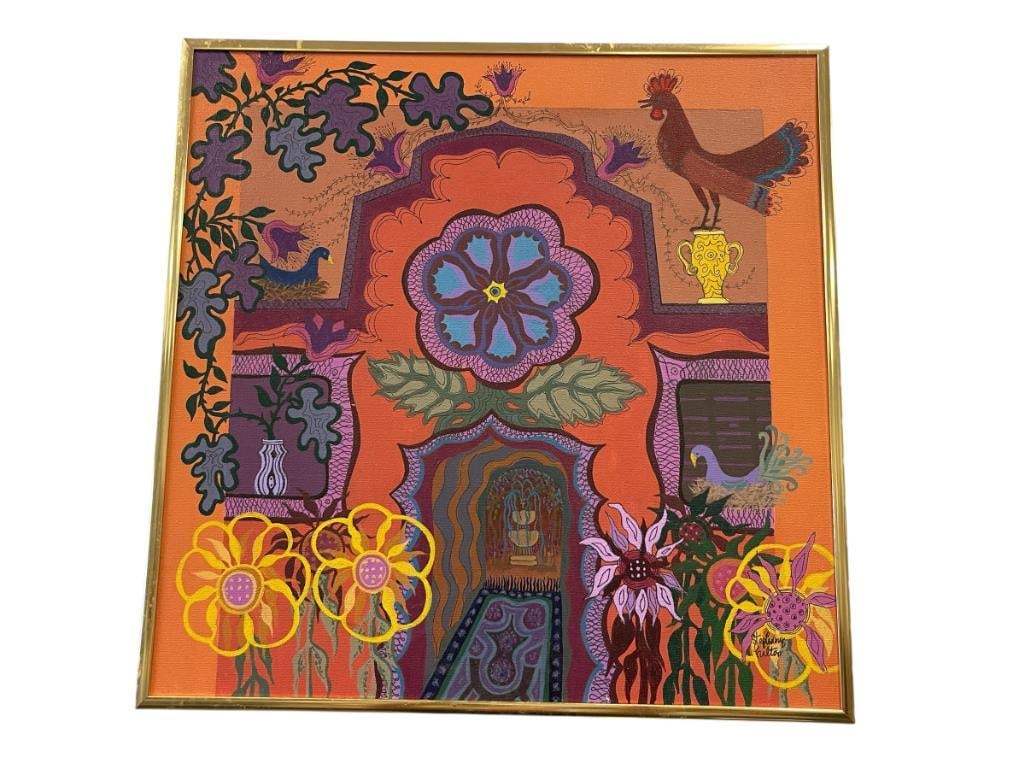 STEPHANIE HILTON LOCAL RENO, NV ARTIST INK, PEN, ACRYLIC PAINTING TITLED THE COCK DOTH CROW: STEPHANIE HILTON WAS A DEALER AT HAROLDS CLUB IN THE 1960'S WHO RETIRED AFTER 30 YEARS AND BEGAN PAINTING, WHIMSICAL ART DEPICTS VIBRANT PAINTING OF A ROOSTER CROWING ON TOP OF A VASE IN WHAT APPEARS