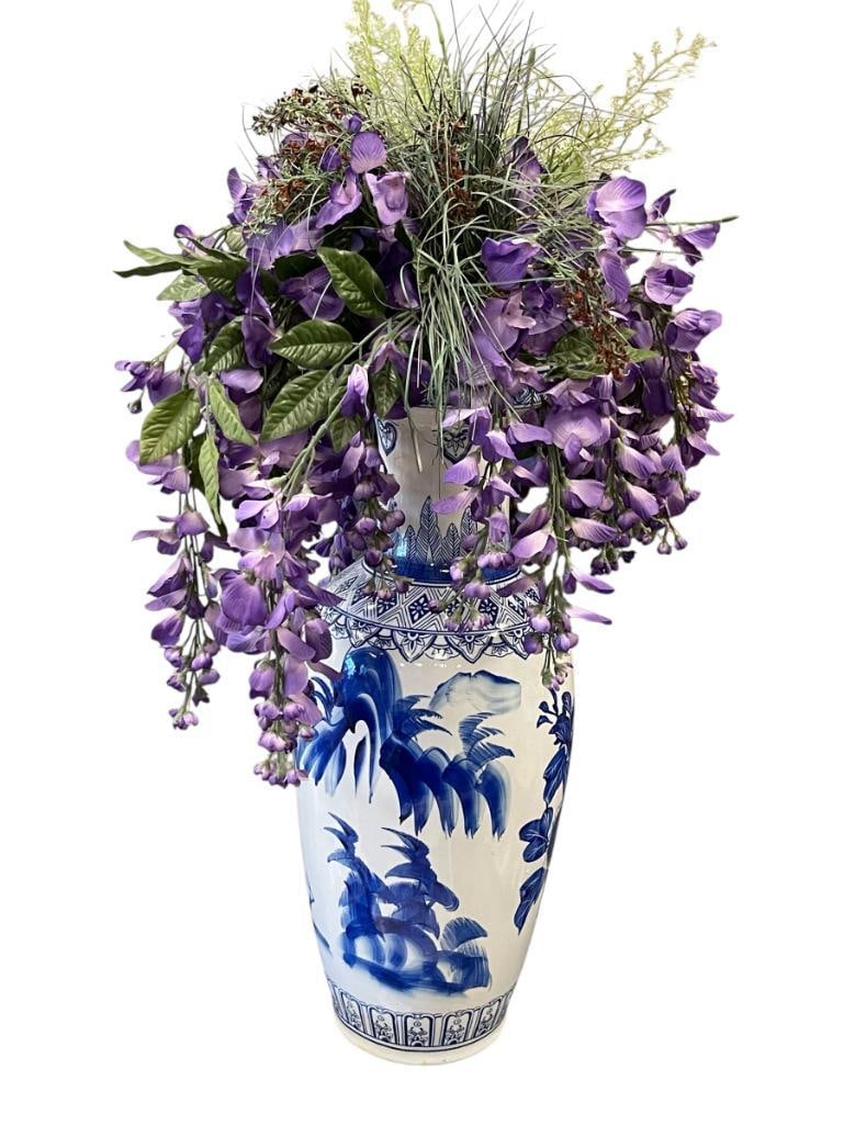 LARGE BLUE AND WHITE CERAMIC CHINOSERIE FLOOR VASE WITH FAUX SILK FLOWERS: FLORAL AND LANDSCAPE SCENES, NO CHIPS OR CRACKS 24" H 