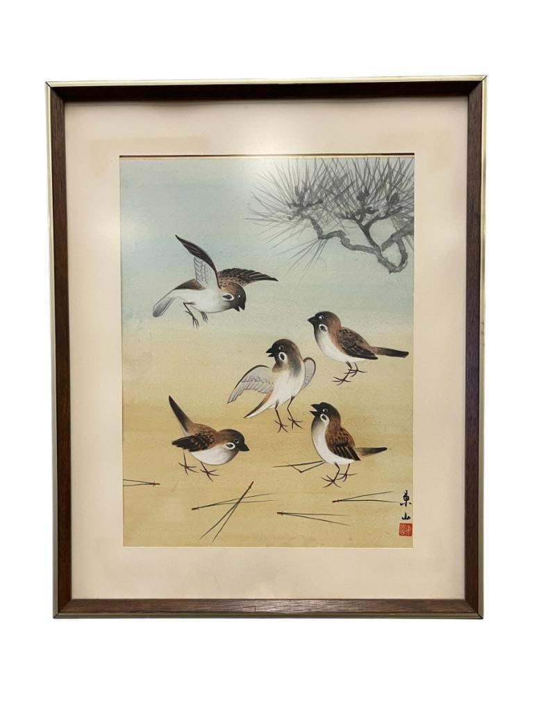 20TH CENTURY VINTAGE ORIGINAL JAPANESE WATERCOLOR PAINTING ON PAPER FIVE PLAYFUL SPARROWS: CHOPMARK LOWER RIGHT ARTIST SIGNATURE, BACK HAS INFO STATING PURCHASED IN HAWAII IN 1971 THRU INTERPRETER SHOWING HIS ART, FRAMED AND MATTED 17" X 21" FRAME 