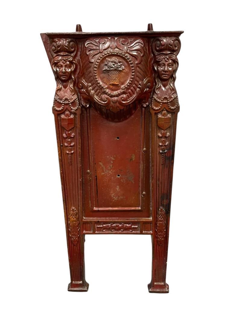 ANTIQUE 1920'S HEYWOOD-WAKEFIELD ART NOUVEAU BURGUNDAY POLYCHROME CAST IRON THEATRE SEAT SIDE: MARKED HEYWOOD-WAKEFIELD AND "KD" AND "RL" 10" X 23" 