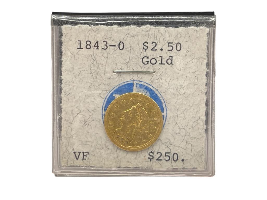 1843-O U.S. LIBERTY HEAD $2.50 GOLD COIN: NUMISMATIC FUNDING CORPORATION GRADED VF, 90% GOLD
