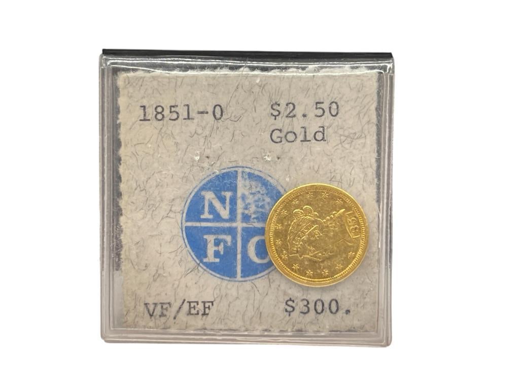 1851-O U.S. LIBERTY HEAD $2.50 GOLD COIN: NUMISMATIC FUNDING CORPORATION GRADED VF/EF, 90% GOLD