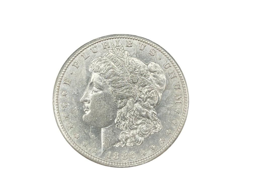 1886-S U.S. MORGAN SILVER DOLLAR BU: NUMISMATIC FUNDING CORPORATION GRADED BU, 90% SILVER