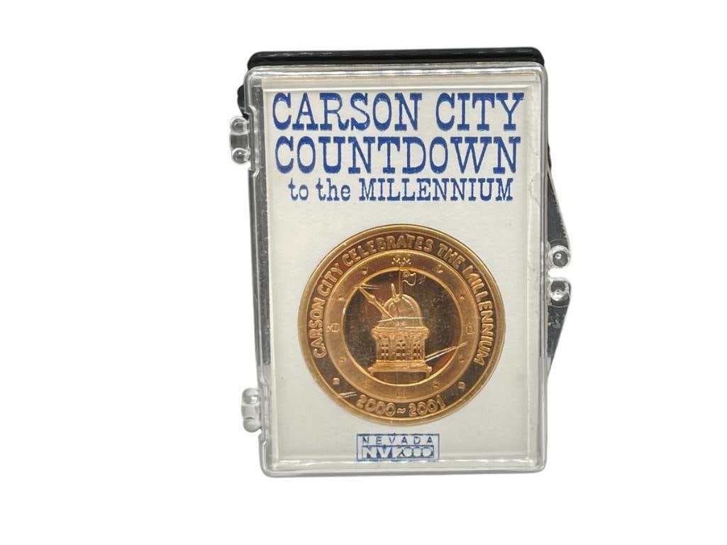 CARSON CITY COUNTDOWN TO THE MILLENNIUM COPPER COIN MEDALLION FEATURING GREAT STATE SEAL OF NEVADA: IN HARD PLASTIC DISPLAY CASE 