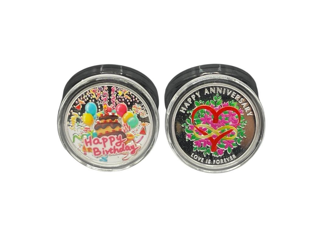 .999 FINE SILVER HAPPY BIRTHDAY AND HAPPY ANNIVERSARY COLORIZED COINS: FEATURES DETAIL IN RELIEF 10 GRAMS EACH 
