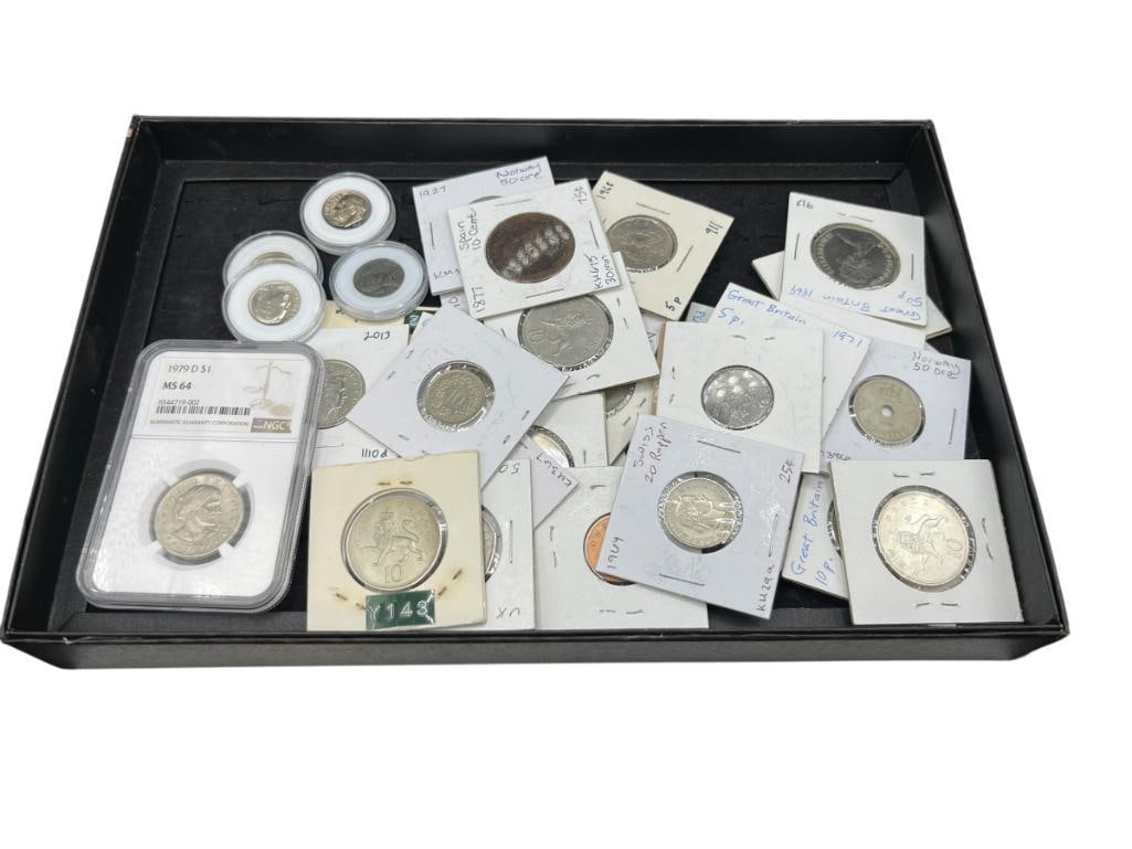 ASSORTED FOREIGN AND U.S. COINS DATING BACK TO THE 1800'S: INCLUDES 1943 STEEL CENT, 1979-D SUSAN B. ANTHONY NGC MS64, 1877 SPAIN 10 CENT, AND MORE 