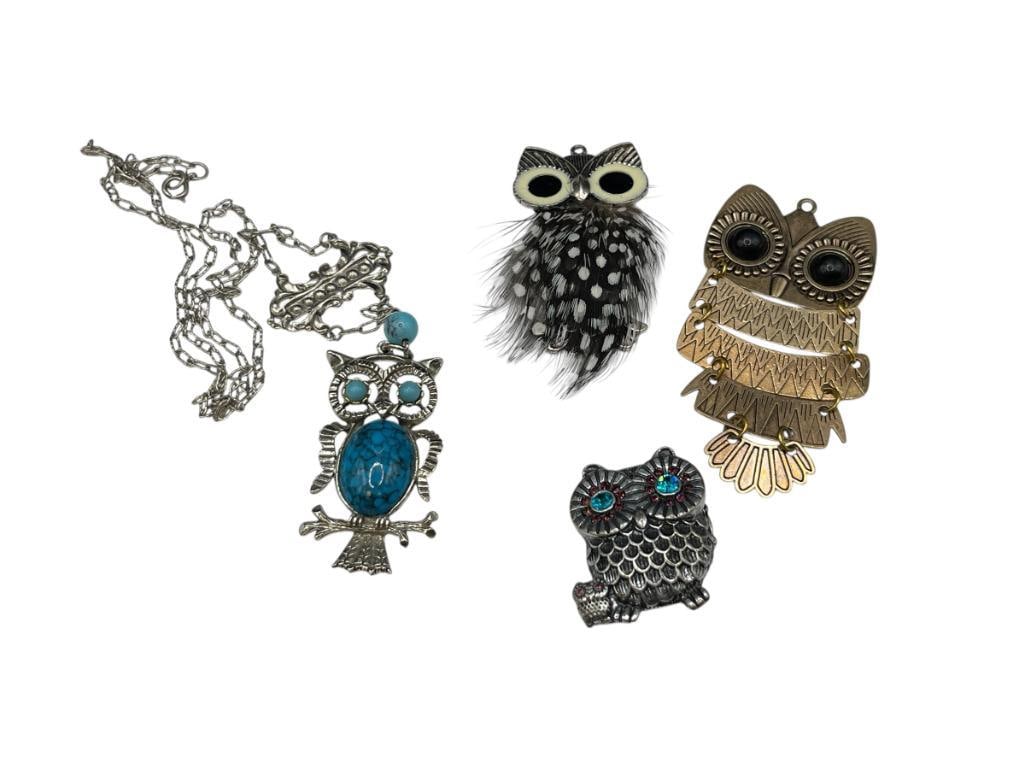 FIGURAL OWL DESIGNED COSTUME JEWELRY INCLUDING NECKLACE, RING, AND TWO PENDANTS (1 of 8)