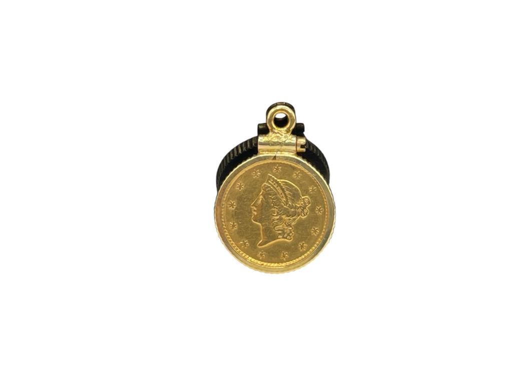 1852 U.S. LIBERTY HEAD $1 GOLD COIN ENCASED IN GOLD FILLED BEZEL PENDANT: 90% GOLD COIN, 3/4" WITH BAIL 