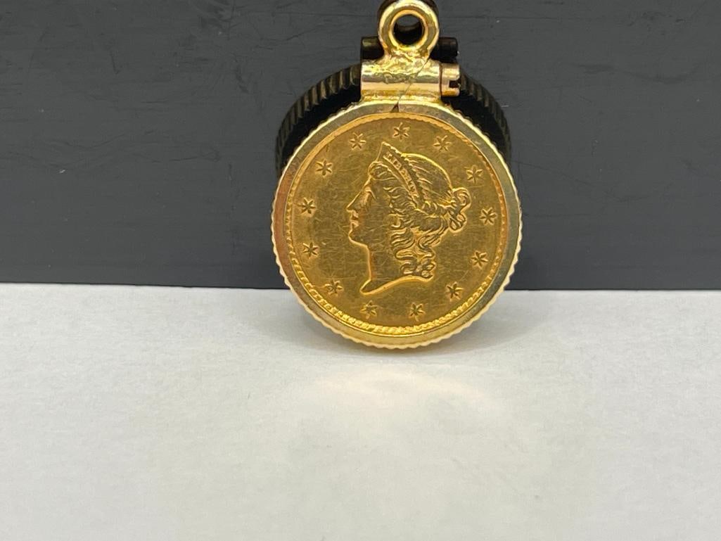 1852 U.S. LIBERTY HEAD $1 GOLD COIN ENCASED IN GOLD FILLED BEZEL PENDANT - 2