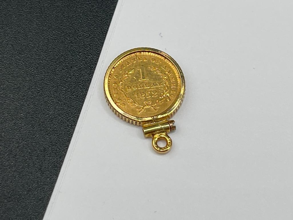 1852 U.S. LIBERTY HEAD $1 GOLD COIN ENCASED IN GOLD FILLED BEZEL PENDANT - 3