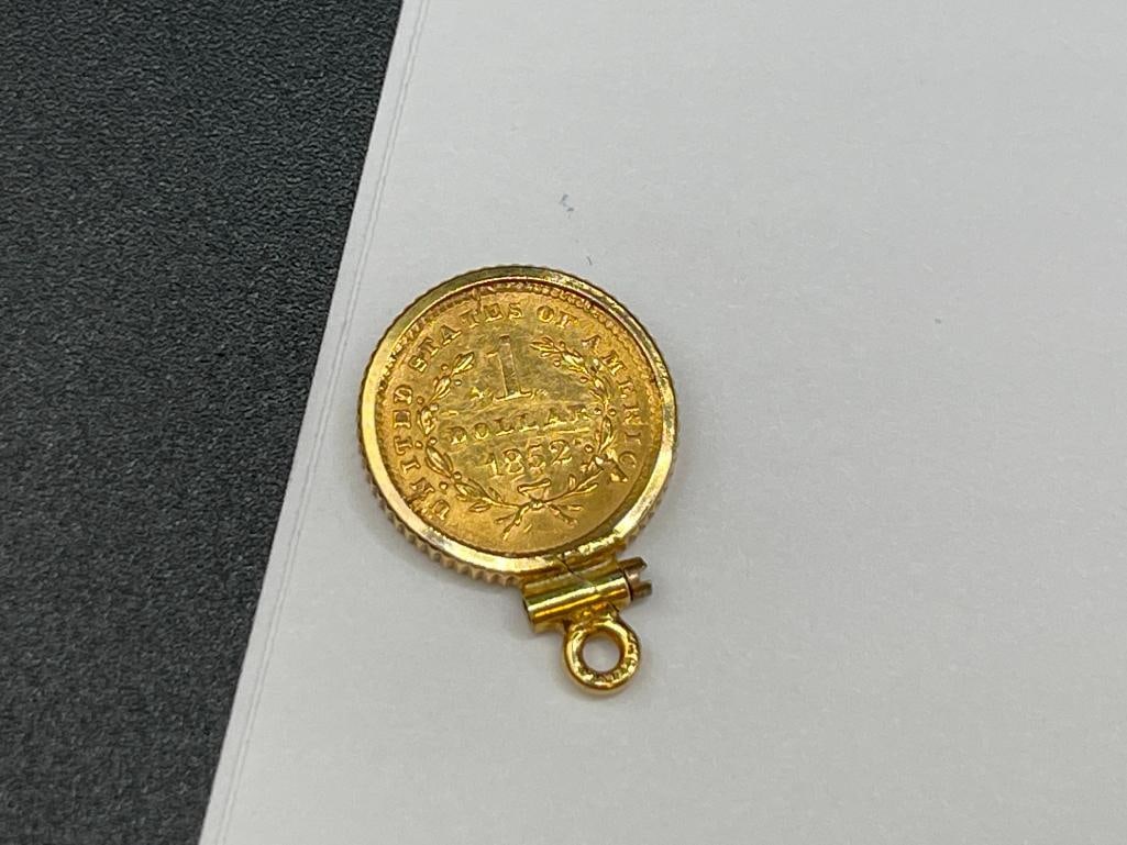 1852 U.S. LIBERTY HEAD $1 GOLD COIN ENCASED IN GOLD FILLED BEZEL PENDANT - 4