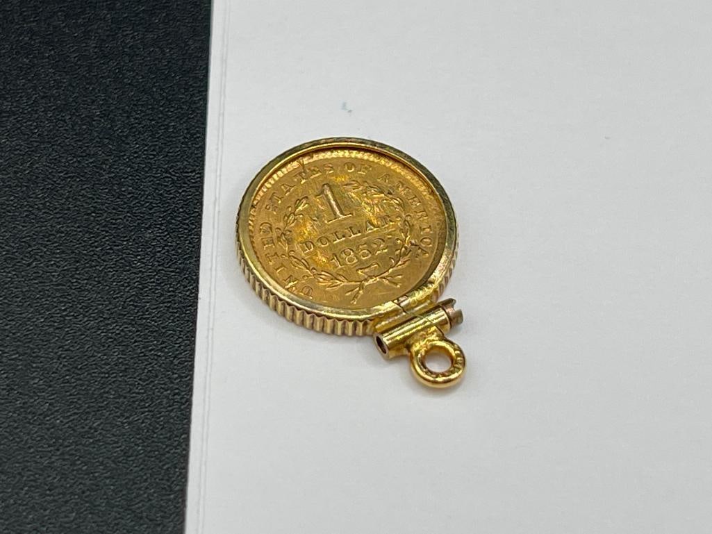 1852 U.S. LIBERTY HEAD $1 GOLD COIN ENCASED IN GOLD FILLED BEZEL PENDANT - 5