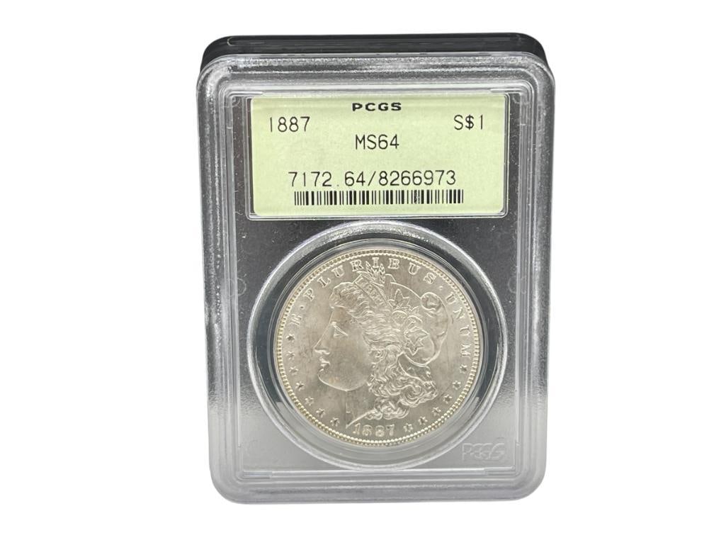1887 U.S. MORGAN SILVER DOLLAR PCGS MS64 "RATTLER CASE": 90% SILVER 