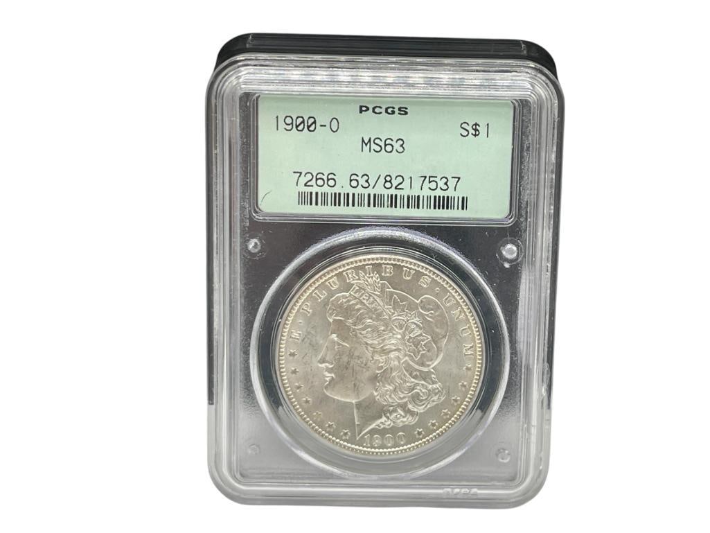1900-O U.S. MORGAN SILVER DOLLAR PCGS MS63 "RATTLER CASE": 90% SILVER 