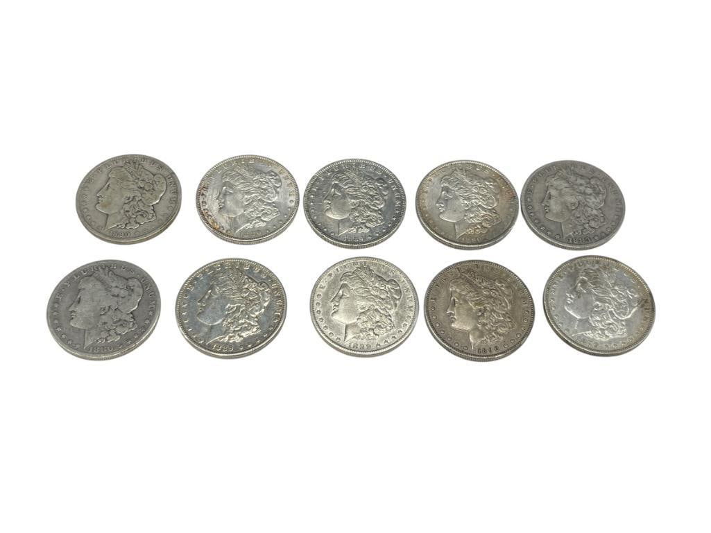 10 U.S. MORGAN SILVER DOLLARS FEATURING VARIOUS DATES AND MINT MARKS: 90% SILVER 