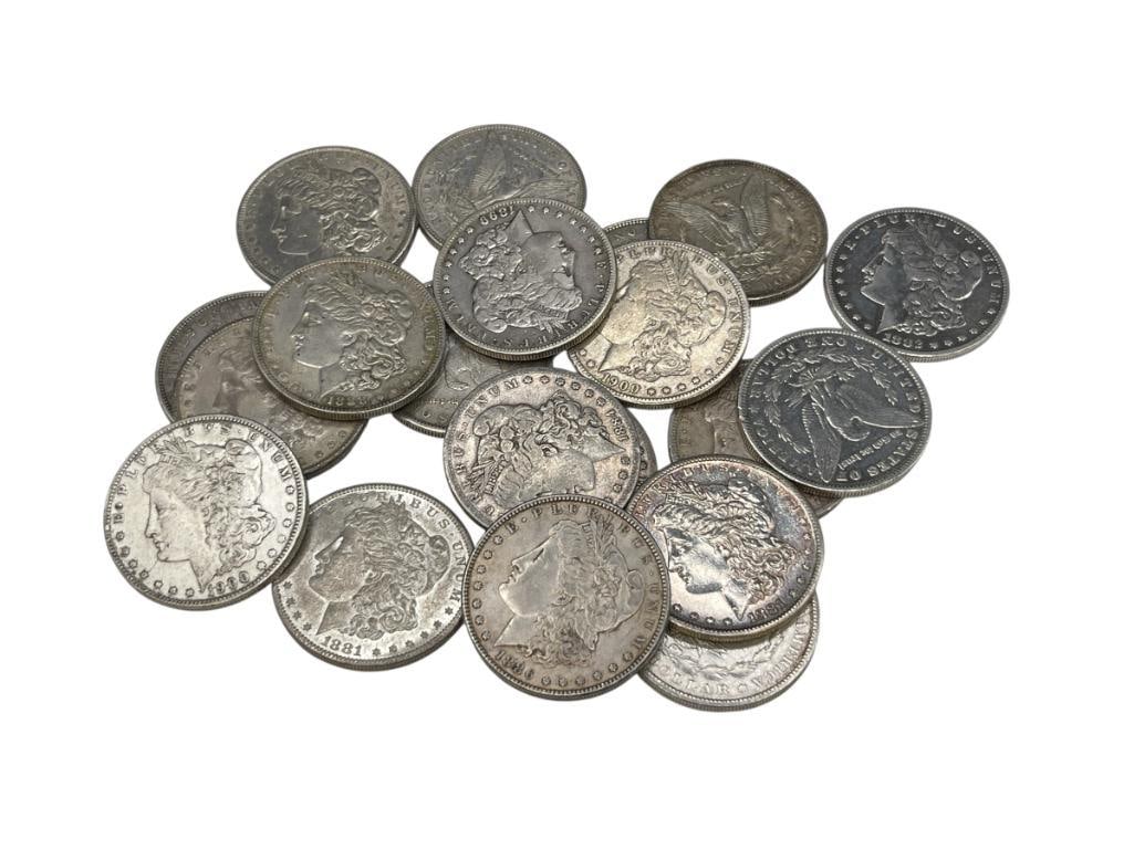 20 U.S. MORGAN SILVER DOLLARS FEATURING VARIOUS DATES AND MINT MARKS: 90% SILVER 
