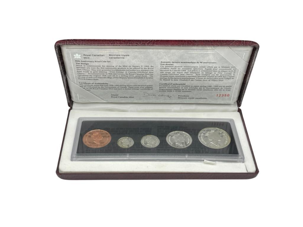 ROYAL CANADIAN MINT 90TH ANNIVERSARY PROOF COIN SET INCLUDING FOUR .925 SILVER COINS: INCLUDES ORIGINAL CASE AND CERTIFICATE OF AUTHENTICITY 