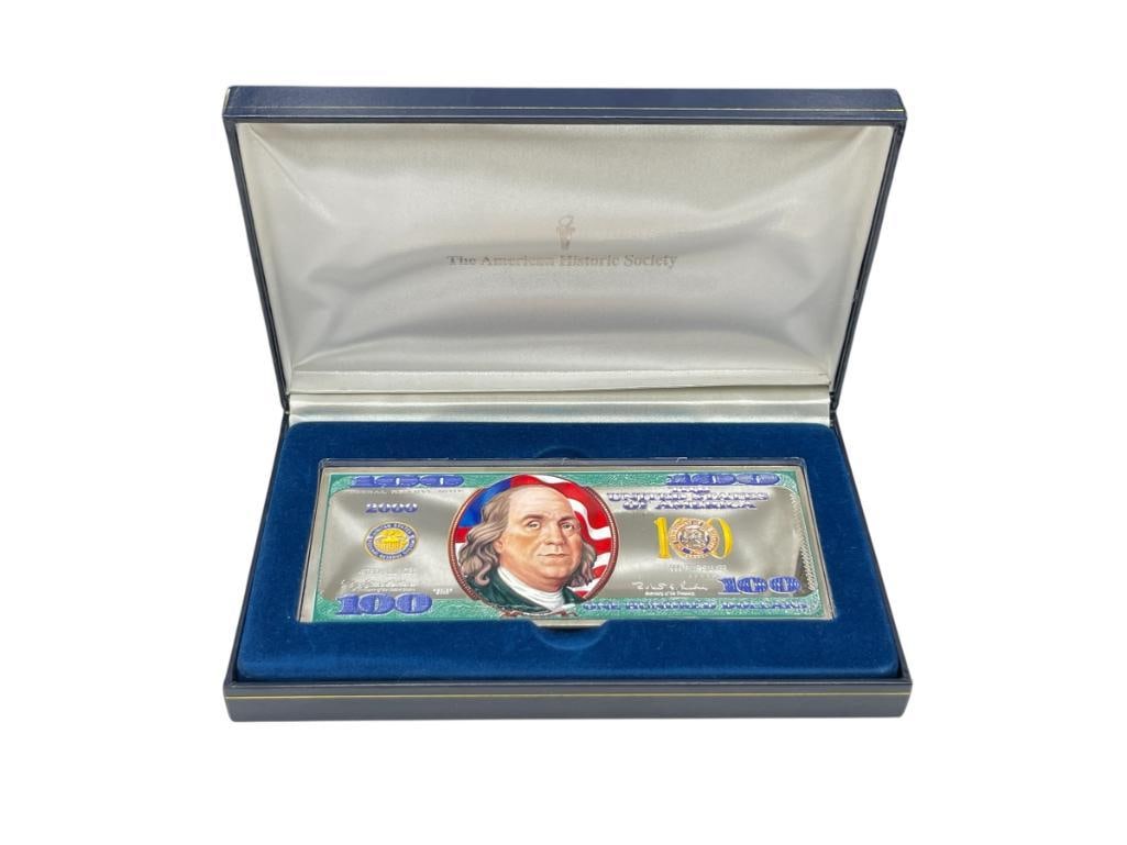 2000 COLORIZED .999 FINE SILVER FOUR TROY OUNCE SILVER $100 CURRENCY NOTE: MINTED BY THE AMERICAN HISTORIC SOCIETY, SERIAL # 30446, IN ORIGINAL CASE 4 TROY OUNCES, 6" 