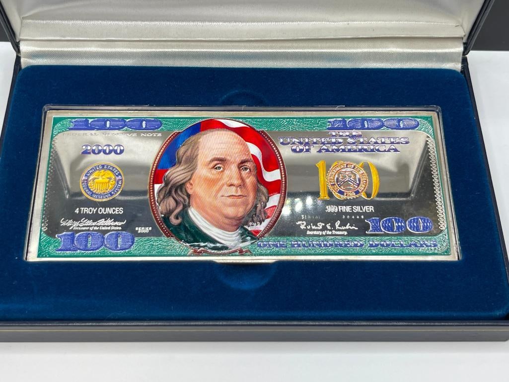 2000 COLORIZED .999 FINE SILVER FOUR TROY OUNCE SILVER $100 CURRENCY NOTE - 2