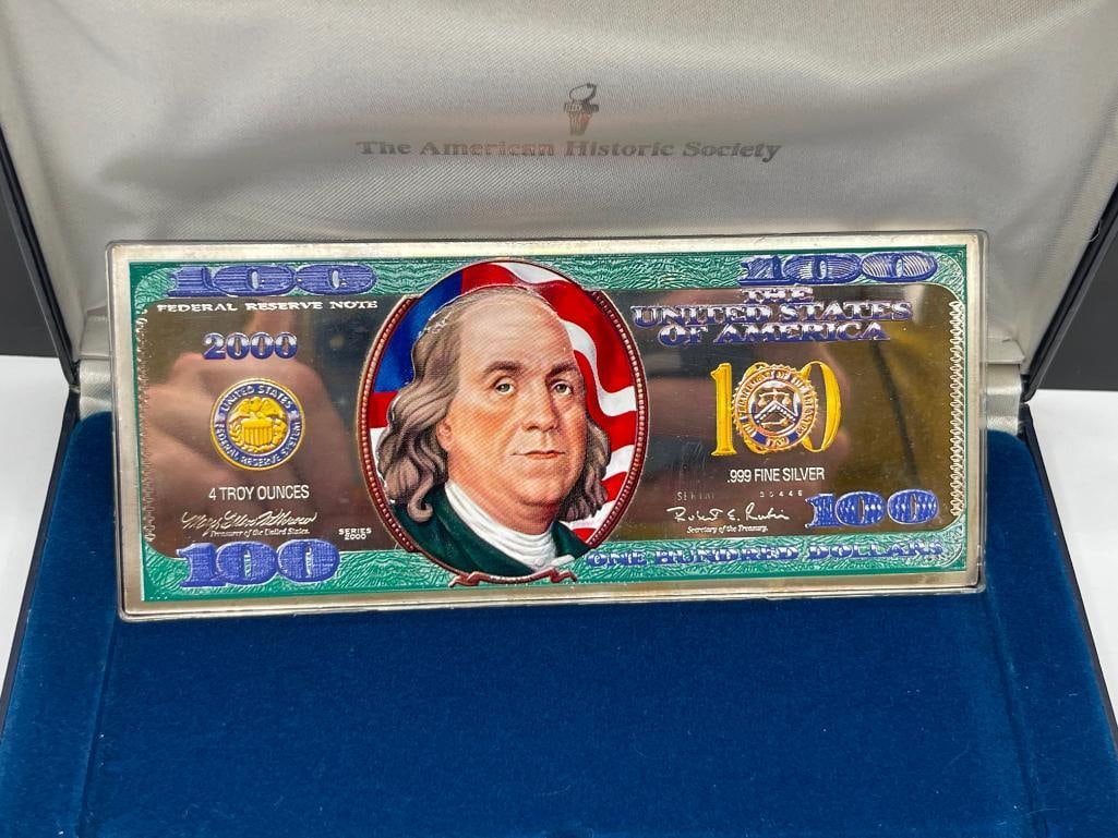 2000 COLORIZED .999 FINE SILVER FOUR TROY OUNCE SILVER $100 CURRENCY NOTE - 3