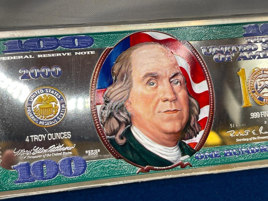 2000 COLORIZED .999 FINE SILVER FOUR TROY OUNCE SILVER $100 CURRENCY NOTE - 4