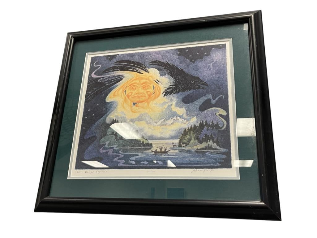 JOANN GEORGE LIMITED EDITION PRINT TITLED RAVEN BRINGS DAYLIGHT NO. 343/750: ALASKAN WILDLIFE ARTIST CAPTURING TLINGIT, ALASKA'S NATURE, ART ILLUSTRATES A RAVEN IN THE SKY WITH LANDSCAPE AND PEOPLE IN A CANOE, SIGNED LOWER RIGHT, ALSO PLATE SIGNED, FRAMED 21" X 19" FRAME 