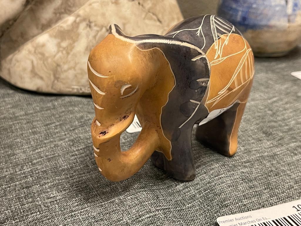 HEAY CARVED SOAPSTONE ELEPHANT FIGURINE WITH FISH CARVINGS ON ITS BACK - 2