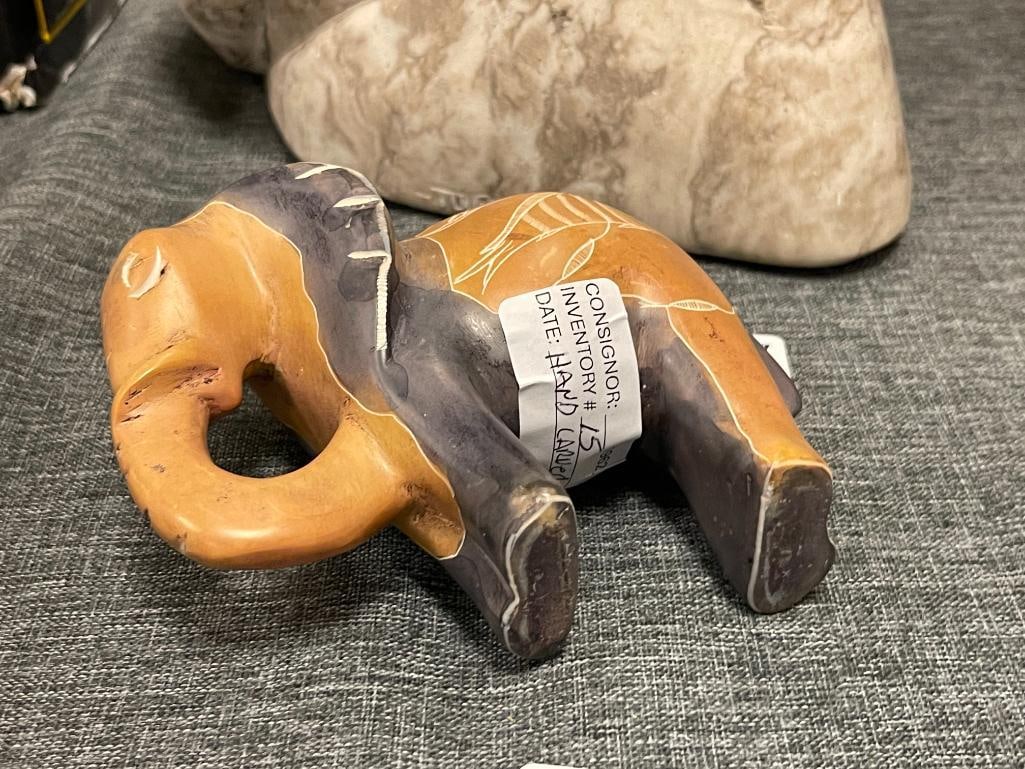 HEAY CARVED SOAPSTONE ELEPHANT FIGURINE WITH FISH CARVINGS ON ITS BACK - 4