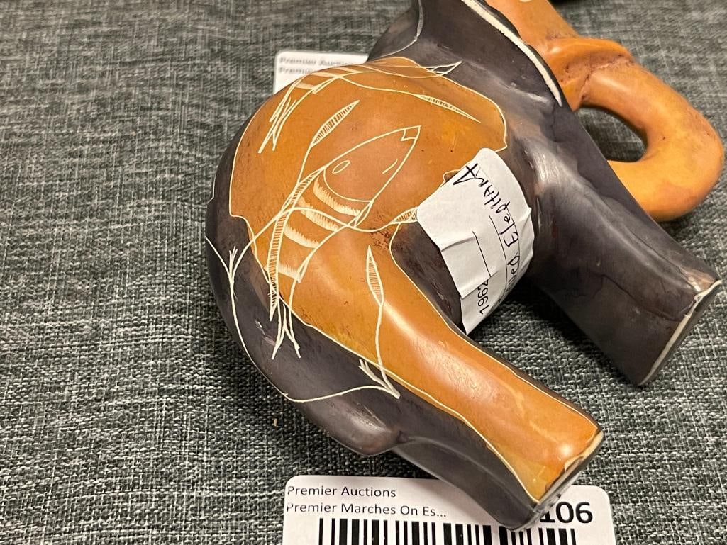 HEAY CARVED SOAPSTONE ELEPHANT FIGURINE WITH FISH CARVINGS ON ITS BACK - 6