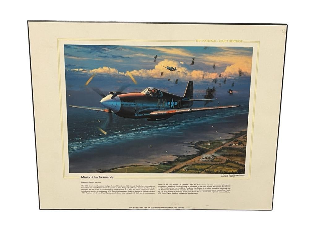 THE NATIONAL GUARD HERITAGE MISSION OVER NORMANDY P-51 MUSTANG WWII ILLUSTRATED PRINT ON BOARD (1 of 7)