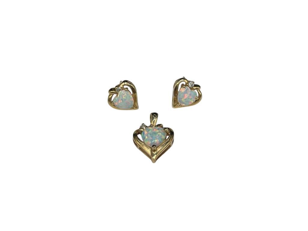 10K YELLOW GOLD OPALITE AND CZ HEART PENDANT AND EARRINGS SET: EARRINGS DO NOT INCLUDE BACKS, HEART SHAPED OPALS ACCENTED BY ROUND BRILLIANT CUT CZ'S 5/8" PENDANT, 2.60 GRAMS 