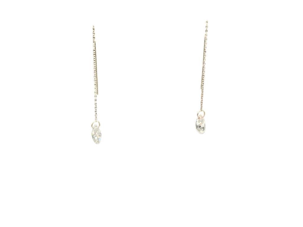 14K WHITE GOLD FACETED TEAR DROP CZ THREADER DANGLE EARRINGS: 2 1/2" WITH 1" THREADER PINS, 10MM CZ, 1.87 GRAMS 