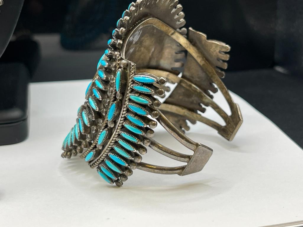 ANTIQUE OLD PAWN STERLING SILVER NAVAJO LEO G. HARVEY SIGNED TURQUOISE NEEDLEPOINT JEWELRY SET - 13