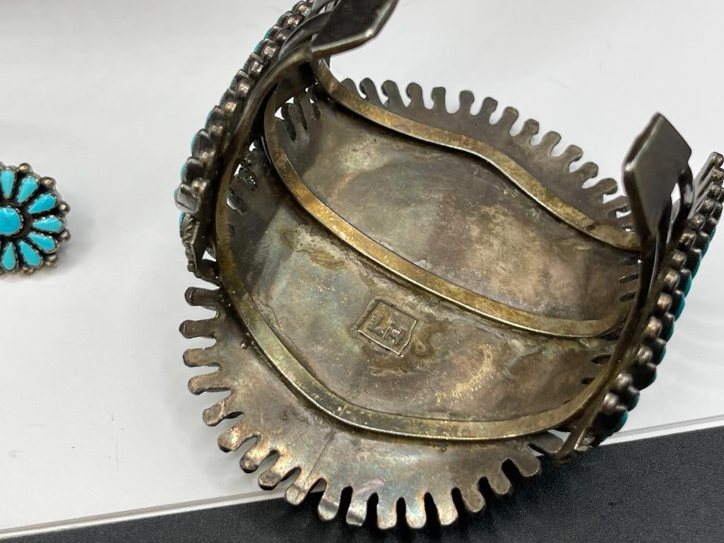 ANTIQUE OLD PAWN STERLING SILVER NAVAJO LEO G. HARVEY SIGNED TURQUOISE NEEDLEPOINT JEWELRY SET - 14