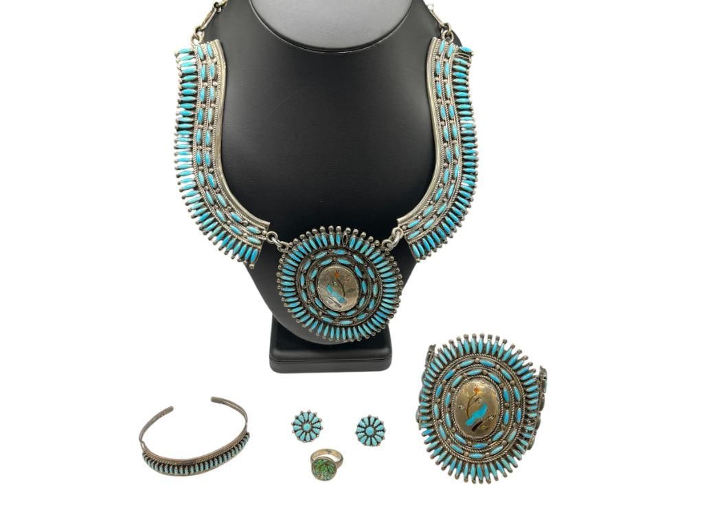 ANTIQUE OLD PAWN STERLING SILVER NAVAJO LEO G. HARVEY SIGNED TURQUOISE NEEDLEPOINT JEWELRY SET: INCLUDES PENDANT NECKLACE WITH INLAID BLUE BIRD DESIGN ON PENDANT AND MATCHING CUFF, ONLY CUFF AND PENDANT ARE MARKED WITH LEO G. HARVEY'S "LH" MARK, EARRINGS ARE MARKED "NF", NO MARK ON SMALLER CUFF
