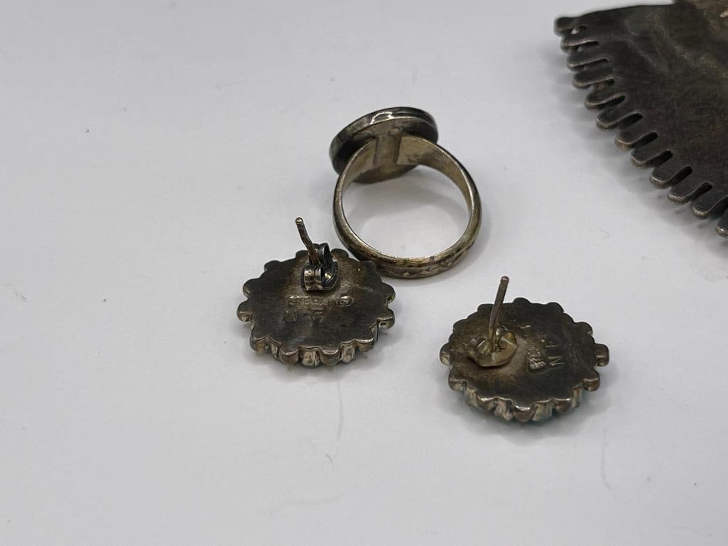 ANTIQUE OLD PAWN STERLING SILVER NAVAJO LEO G. HARVEY SIGNED TURQUOISE NEEDLEPOINT JEWELRY SET - 20