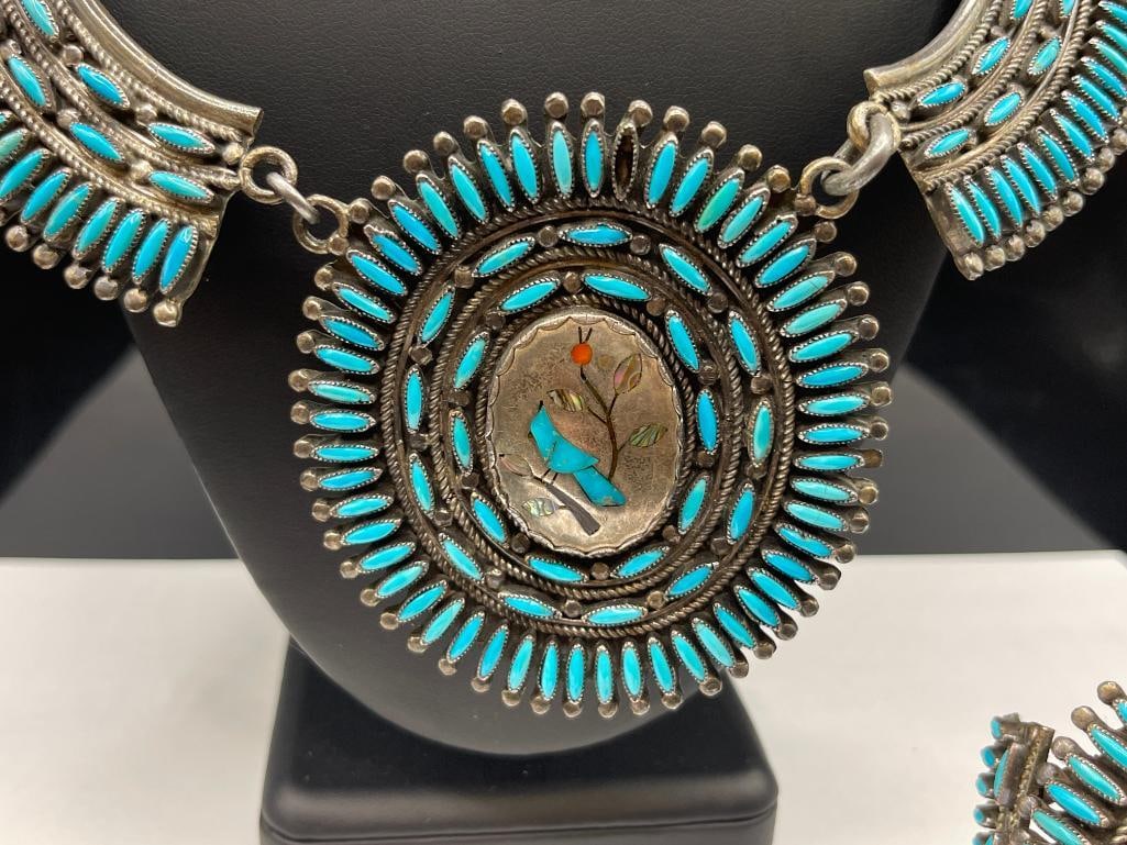 ANTIQUE OLD PAWN STERLING SILVER NAVAJO LEO G. HARVEY SIGNED TURQUOISE NEEDLEPOINT JEWELRY SET - 3